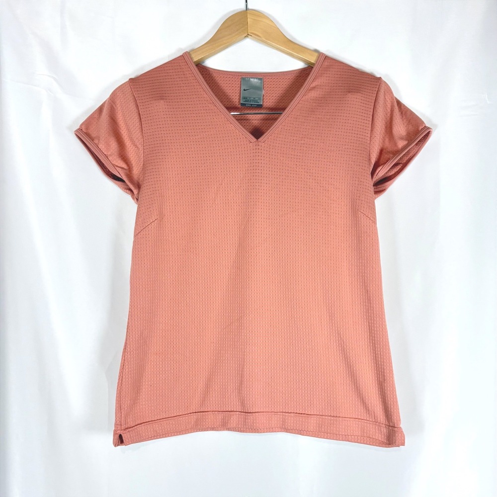 Nike Dri-FIT Womens V-Neck Short Sleeve Training Shirt Coral Pink Small F1 RSI